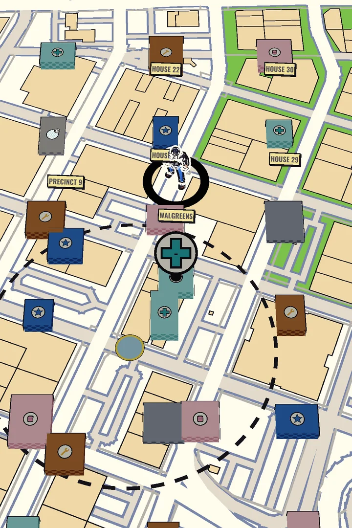 The map view: real city blocks drawn as a comic map, the player's survivor in the middle and raidable buildings marked around them.