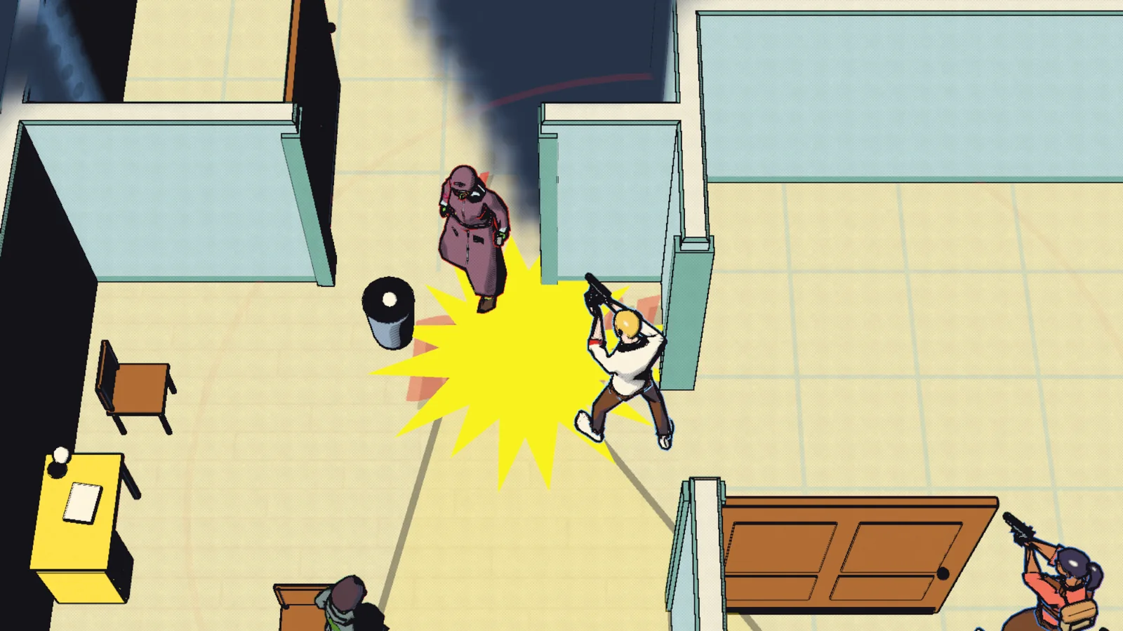 A raid seen from above: a survivor fires down an office hallway, a yellow muzzle burst, a zombie lurching in.
